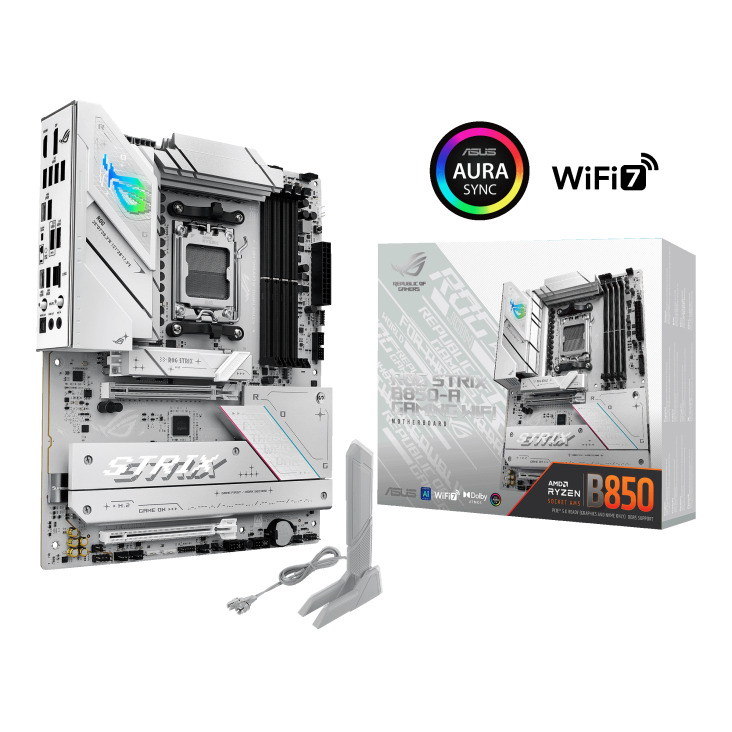  B850 ATX Motherboard: AM5 Socket For AMD Ryzen 7000/8000/9000 Series Processors<BR>4x DDR5, 2x SATA 6Gb/s, PCIe 5.0, 1x M.2 Gen5 + 3x M.2 Gen4, USB 3.2, 2.5GbE LAN, Wi-Fi 7 + Bluetooth 5.4, ROG SupremeFX 7.1 Surround Sound Audio , 1xHDMI/ 1xDP  